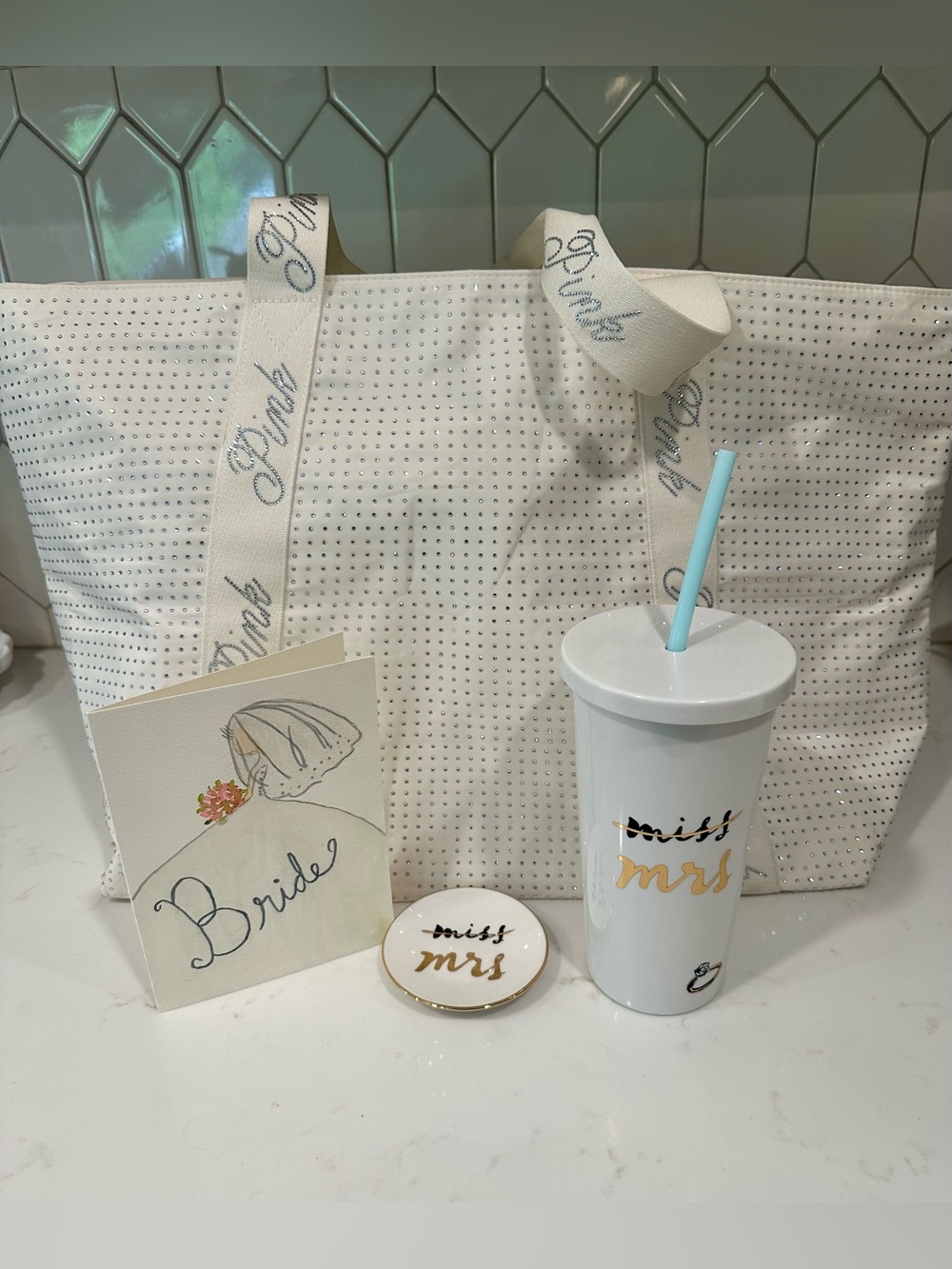 Bridal Bundle VS Pink Rhinestone Tote kate spade Ring Dish Tumbler Bride Card